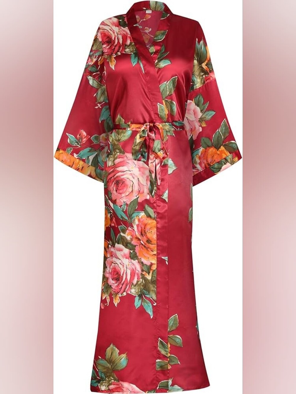 Long Wine Red Floral Kimono Robe